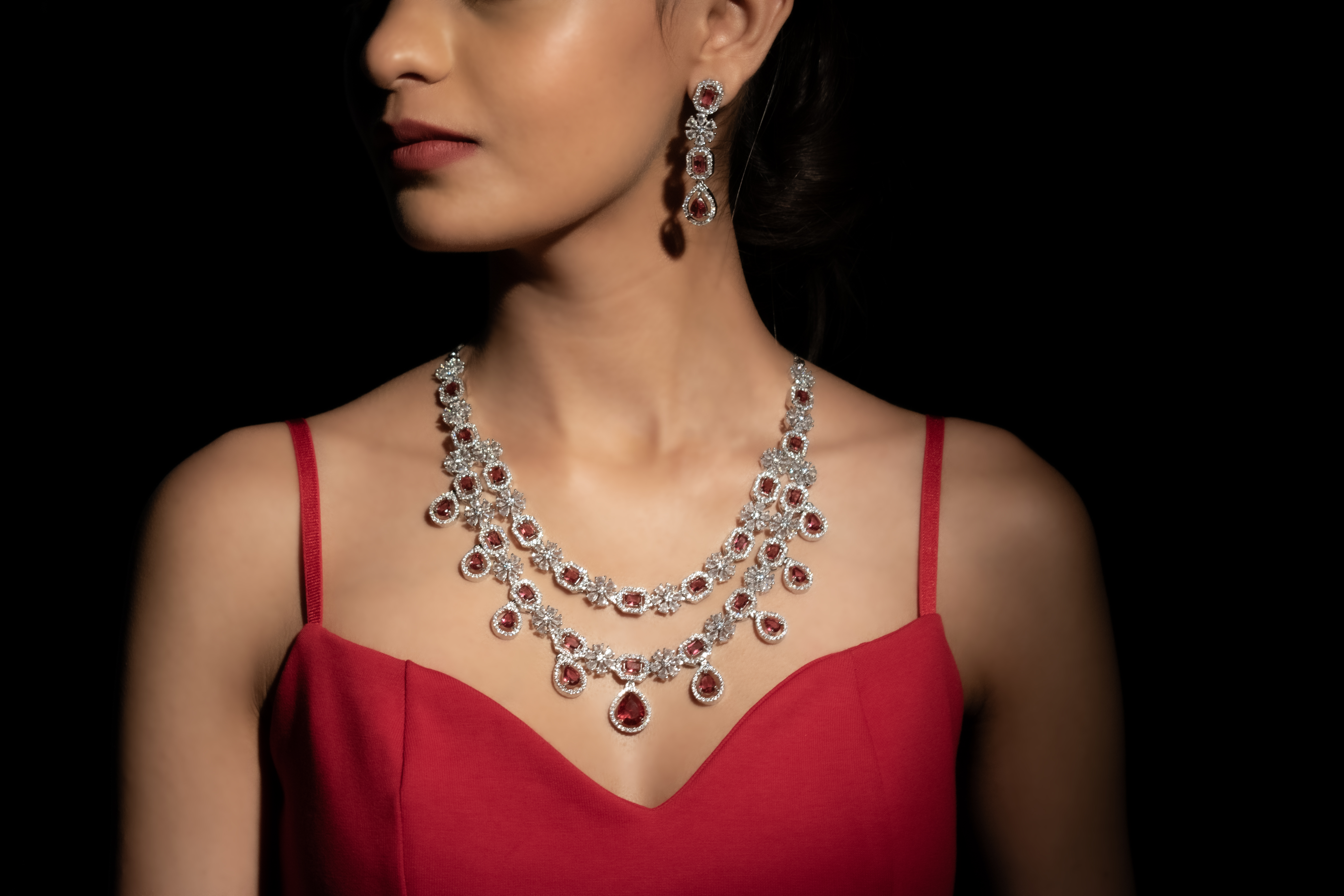 Crimson Ruby - Deep Rose Necklace & Earrings Set